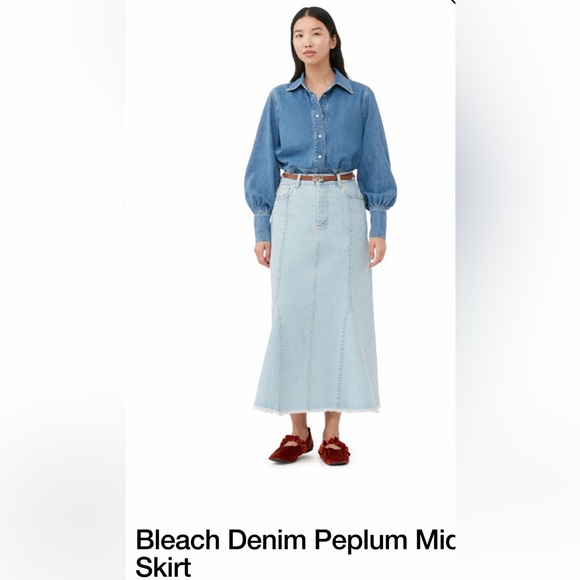 Ganni Bleach Denim Peplum Midi Skirt - Picture 1 of 3